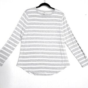 Old Navy Striped Long Sleeve Top Womens Large Gray White Crew Neck Curved Hem